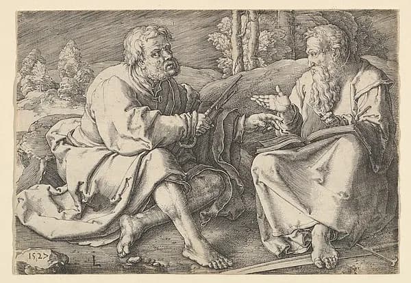 Sts. Peter and Paul Seated in a Landscape by Lucas van Leyden depicting Matthew 4