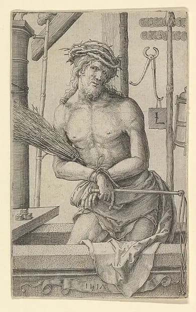 Christ as the Man of Sorrows with the Instruments of the Passion. by Lucas van Leyden depicting John 1