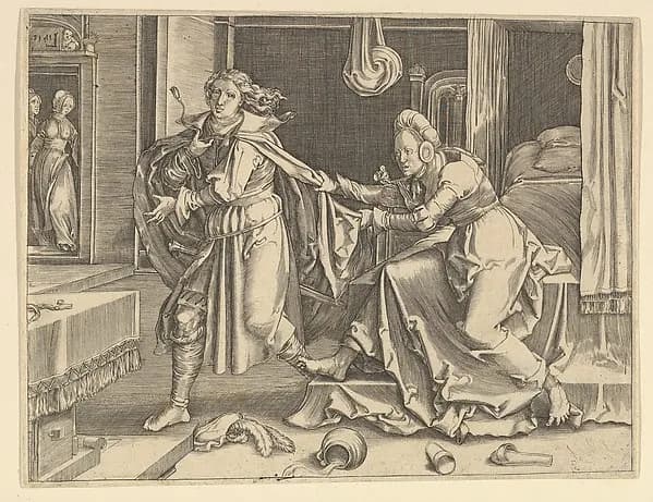 Joseph and Potiphar's Wife (copy) by Clement de Jonghe depicting Genesis 37