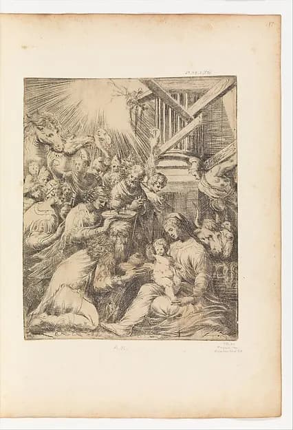 Adoration of the Magi by Andrea Schiavone (Andrea Meldola) depicting Matthew 2