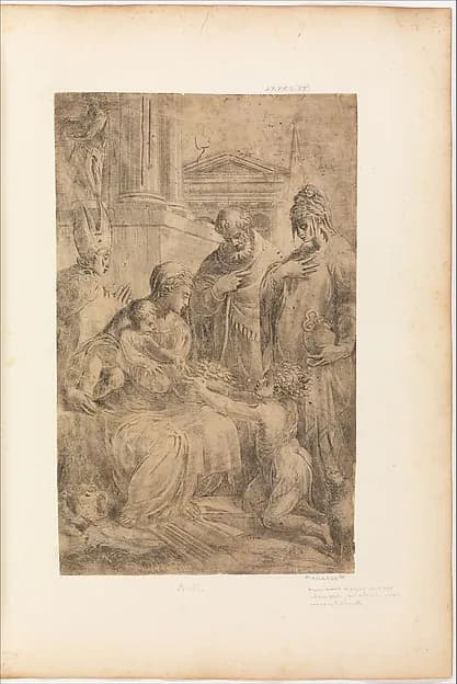 Holy Family with Saints by Andrea Schiavone (Andrea Meldola) depicting Luke 2