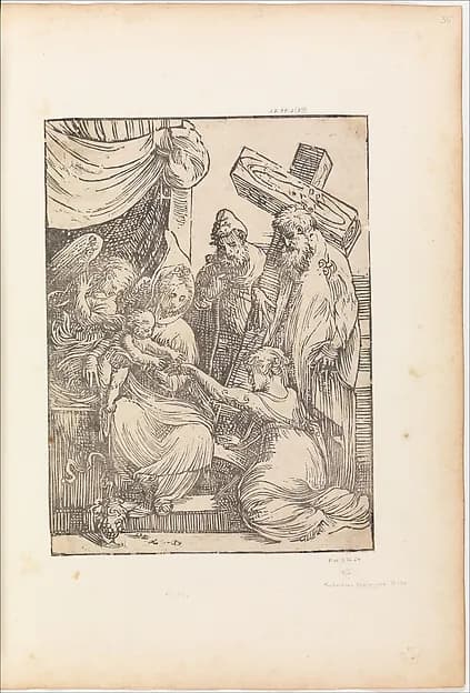 The Mystic Marriage of St. Catherine, with St. Joseph, an Angel, and a Cross-bearing Saint by Andrea Schiavone (Andrea Meldola) depicting Romans 8