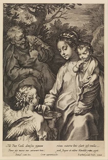 The Holy Family with the Porridge Bowl by Raffaello Guidi depicting Luke 2