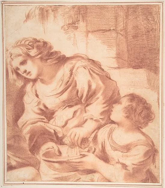 Woman Soaking a Cloth in a Bowl Held by a Girl (copy from Guercino's Saint Sebastian Tended by Irene) by Guercino (Giovanni Francesco Barbieri) depicting Romans 8