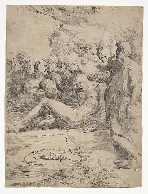 Entombment Facing Left by Parmigianino (Girolamo Francesco Maria Mazzola) depicting Matthew 27