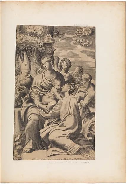 The Madonna and Child Attended by Saints by Giulio Bonasone depicting Luke 2