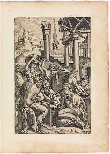 The Adoration of the Shepherds by Pieter van der Heyden depicting Luke 2