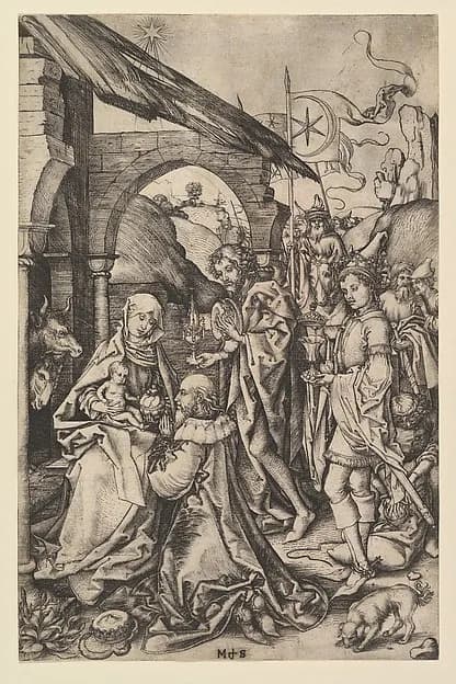 The Adoration of the Magi by Martin Schongauer depicting Luke 2