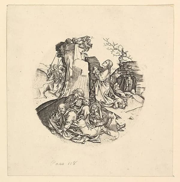 Christ on the Mount of Olives (reverse copy in roundel) by Martin Schongauer depicting John 1