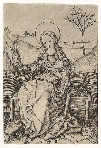 Virgin and Child on a Grassy Bench by Martin Schongauer depicting Luke 2
