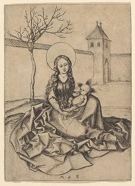 The Madonna and Child in the Courtyard by Martin Schongauer depicting Luke 2