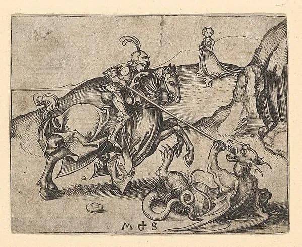 St. George Slaying the Dragon by Martin Schongauer depicting Revelation 12