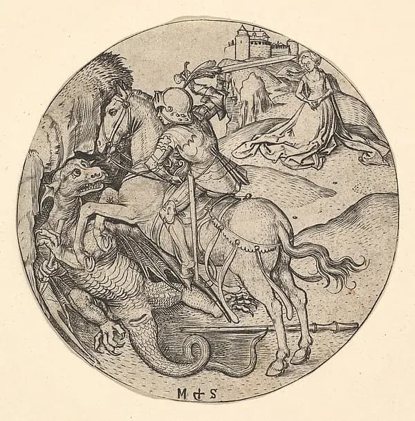 St. George Slaying the Dragon by Martin Schongauer depicting Revelation 12