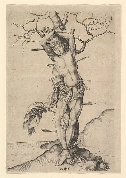 Saint Sebastian by Martin Schongauer depicting Romans 8