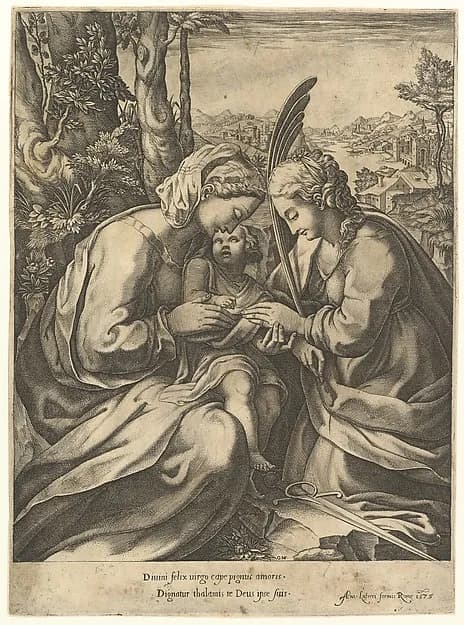 The  Mystic marriage of St. Catherine by Giorgio Ghisi depicting Romans 8