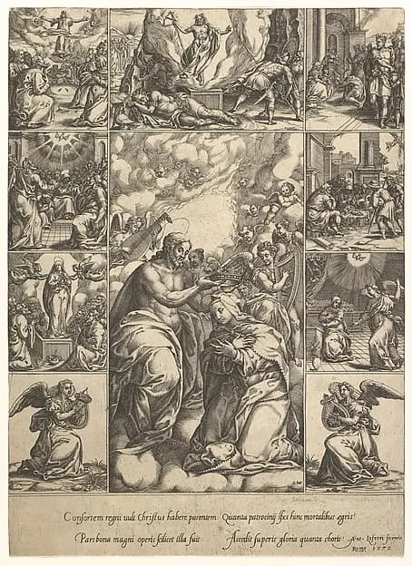 The Coronation of the Virgin; surrounded by nine vignettes with scenes from the life of Christ and the Virgin by Giorgio Ghisi depicting Luke 1