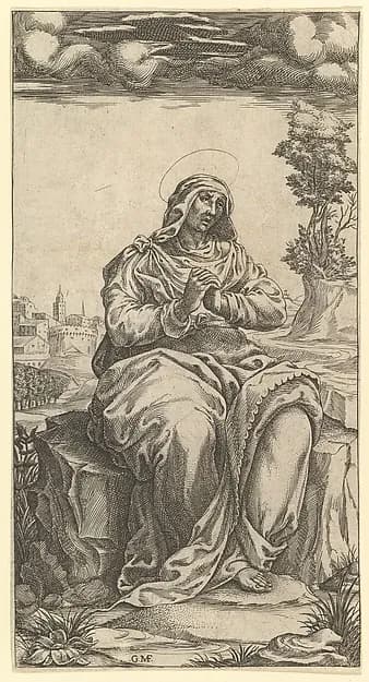 The Virgin of Sorrows; central part of a print with nine surounding compartments, now separated by Giorgio Ghisi depicting Luke 1