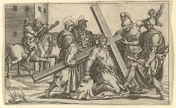 The Virgin of Sorrows: Christ Bearing the Cross; one of nine surrounding compartments from the Virgin of Sorrows, now separated by Giorgio Ghisi depicting John 1