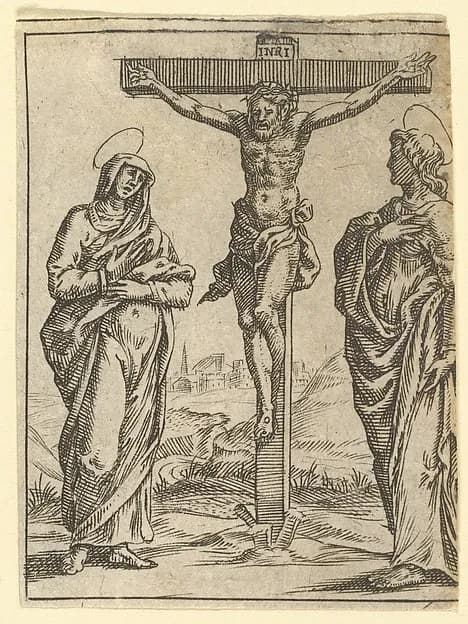 The Virgin of Sorrows: The Crucifixion; one of nine surrounding compartments from the Virgin of Sorrows, now separated by Giorgio Ghisi depicting Matthew 27