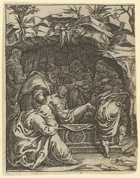 The Virgin of Sorrows: The Entombment; one of nine surrounding compartments from the Virgin of Sorrows, now separated by Giorgio Ghisi depicting Matthew 27