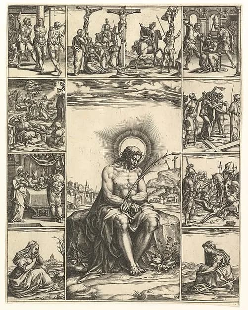 The Man of Sorrows; an image of Christ surrounded by nine vignettes depicting scenes of the Passion by Giorgio Ghisi depicting Matthew 27