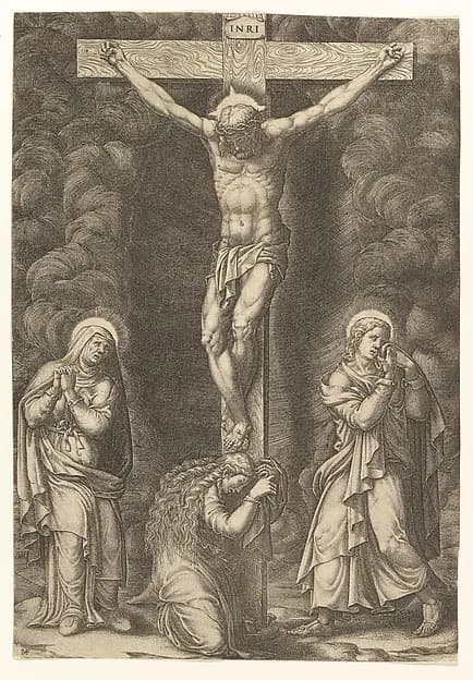 The Crucifixion with the Virgin, the Magdalen, and St. John by Giorgio Ghisi depicting Matthew 27