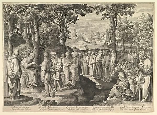John the Baptist Preaching in the Desert by Nicolaes de Bruyn depicting Matthew 3