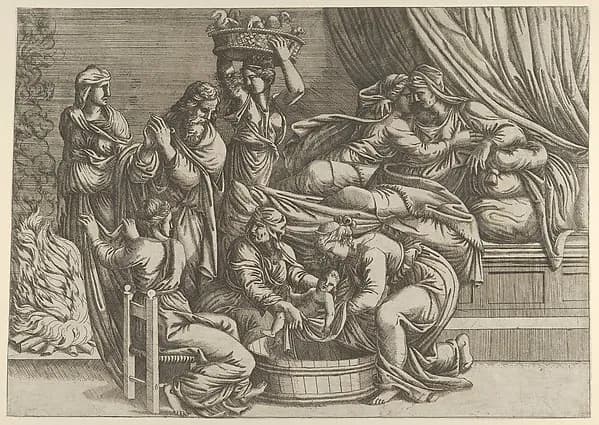The Birth of the Virgin by Anonymous, French, School of Fontainebleau, 16th century depicting Luke 2