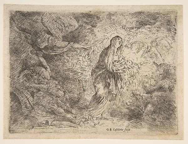 The angel awakening Joseph to the presence of the Virgin and Child by Giovanni Benedetto Castiglione (Il Grechetto) depicting Luke 2