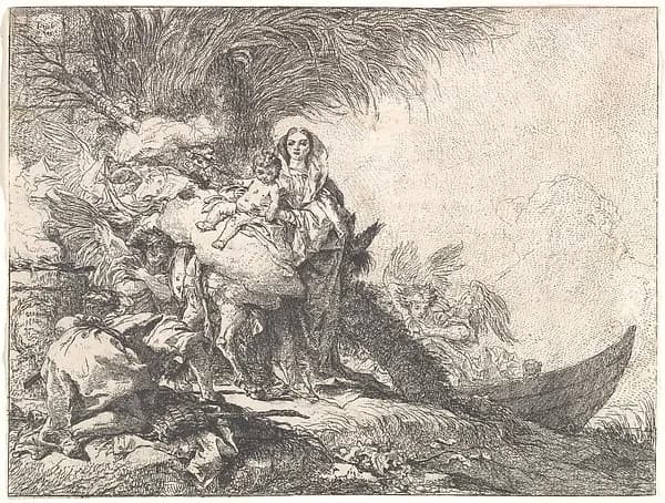 Joseph Adoring the Christ Child near a Smoking Altar, from the Flight into Egypt by Giovanni Domenico Tiepolo depicting Matthew 2