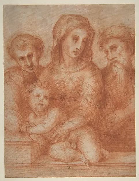 Virgin and Child with Two Saints (recto); Fragmentary Design of a Pietà (verso) by Domenico Puligo depicting Luke 2