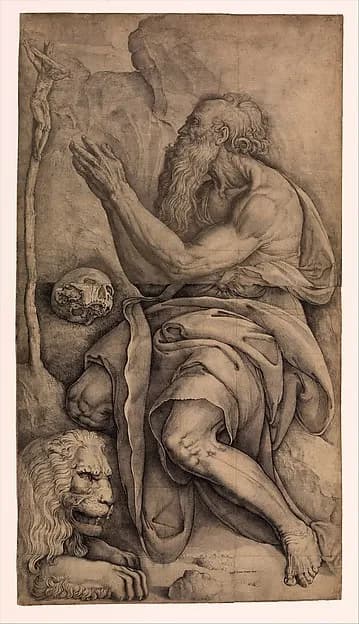 Saint Jerome kneeling before a crucifix, with a skull and lion by Battista Franco depicting Matthew 27