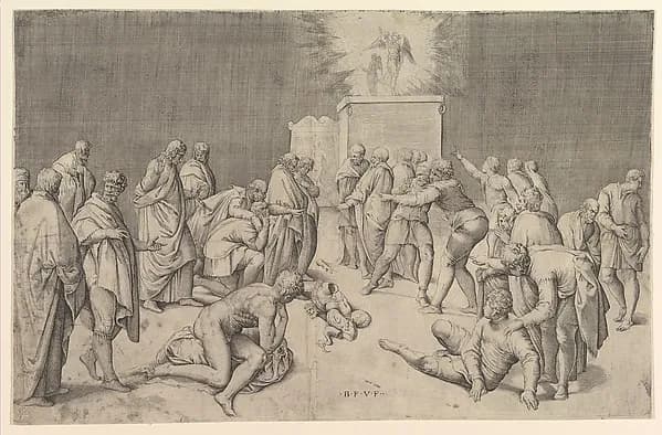 The Philistines Place the Ark of the Covenant in the Temple of Dagon by Battista Franco depicting Genesis 7