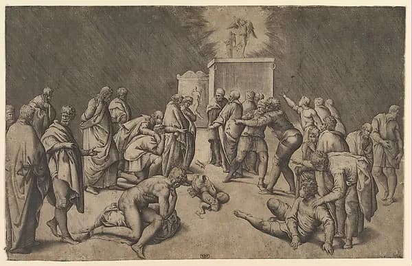 The Philistines Place the Ark of the Covenant in the Temple of Dagon by Battista Franco depicting Genesis 7