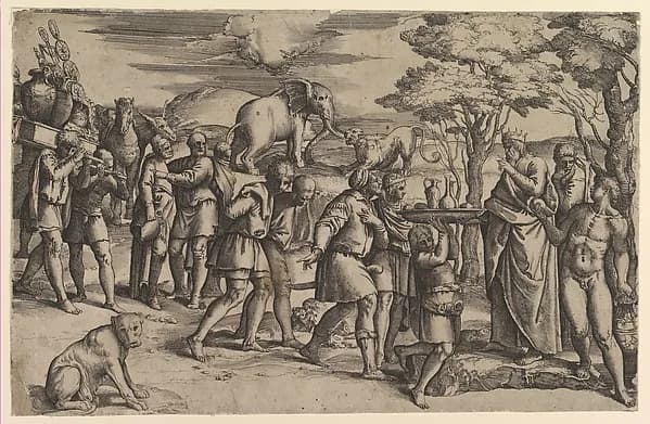 Melchizadek offering bread and wine to Abraham by Battista Franco depicting Genesis 18