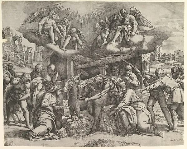 The Adoration of the Shepherds with angels overhead by Battista Franco depicting Luke 2