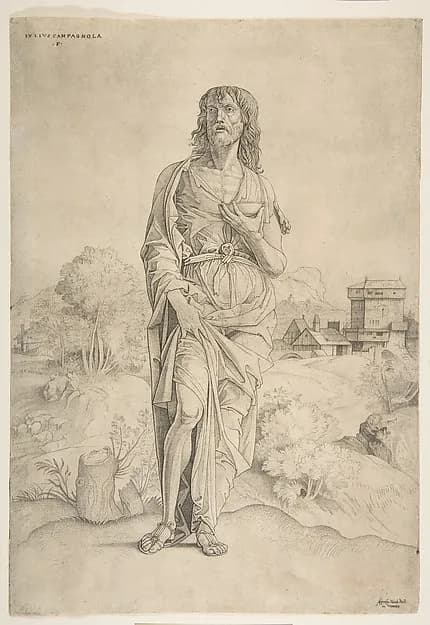 Saint John the Baptist standing in landscape, figures and buildings in the background by Giulio Campagnola depicting Matthew 3