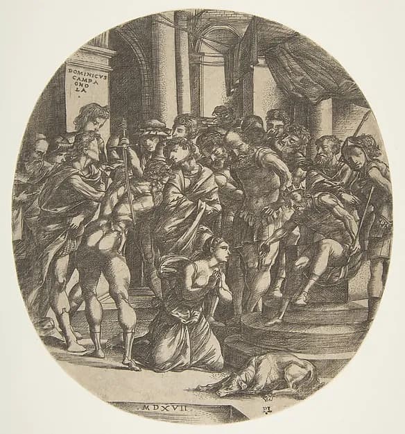 Female figure (Saint Catherine?) kneeling on the ground at center pleading to a male figure (Maximus?) who wears a crown and is seated on a throne at right; at left a figure with raised sword about to strike the woman; a group of figures looking on in the background by Domenico Campagnola depicting Romans 8