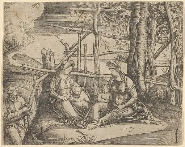 The Virgin and Child with Saint Elizabeth and John the Baptist in a landscape, St Joseph at the left by Jacopo de' Barbari depicting Luke 1