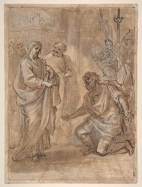 Christ and the Centurion (recto); Figure Waving to Departing Ship (verso) by Giuseppe Passeri (Passari) depicting John 1