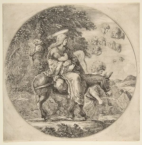 Flight into Egypt, a round composition by Stefano della Bella depicting Matthew 2