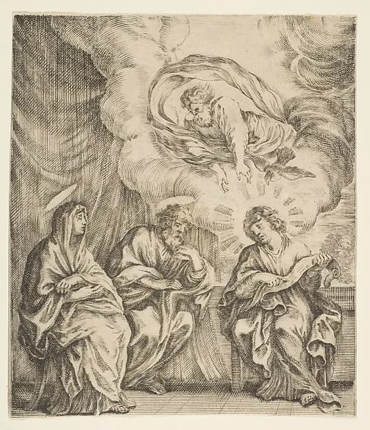 Child Jesus Explaining the Scriptures to His Mother and St. Joseph by Stefano della Bella depicting Luke 1