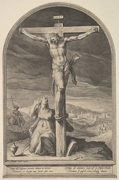 St. Mary Magdalene at the Foot of the Cross by Jan Muller depicting Matthew 27
