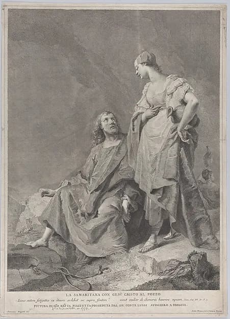 Christ and the woman of Samaria at the well, from the series of 112 prints of the sacred history, after the painting by Giovanni Battista Piazzetta by Pietro Monaco depicting John 4
