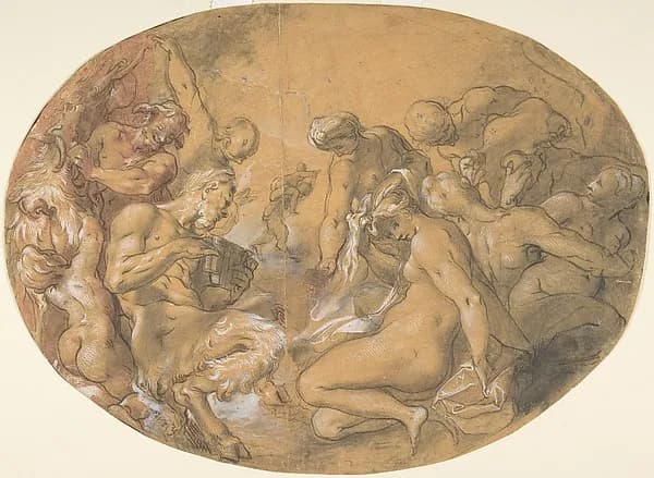 Satyrs and Nymphs; verso: partial counterproof of Heintz's "Studies for the Flight into Egypt" in The Courtauld Gallery, London by Joseph Heintz the Elder depicting Matthew 2