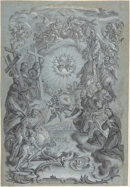 A Study for a Frontispiece: The Trinity and Saints surrounding the Sacred Hearts of Christ and the Virgin Mary, a Coastal Landscape Below by Vitus Felix Rigl depicting Luke 1