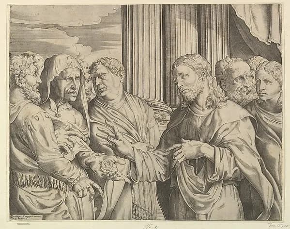 The Triubute Money: Christ at center right gesturing to man at his left with coins in his hand, other figures surrounding them; columns and drapery in the background by Domenico Campagnola depicting John 1