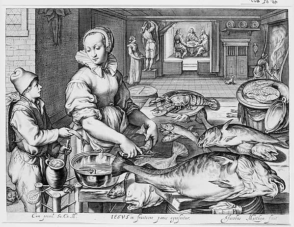 Kitchen Scene with Kitchen Maid Preparing Fish, Christ at Emmaus in the Background, from Kitchen and Market Scenes with Biblical Scenes in the Background by Jacob Matham depicting John 1