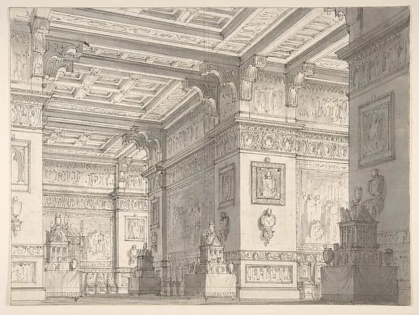 Design for a Stage Set?:Interior of a Stateroom with Four Tables Displaying Urns and Tabernacles. by Alessandro Sanquirico depicting Exodus 25