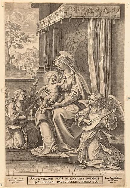 Virgin and Child Enthroned  with Two Musical Angels by Jan (Johannes) Wierix depicting Luke 2
